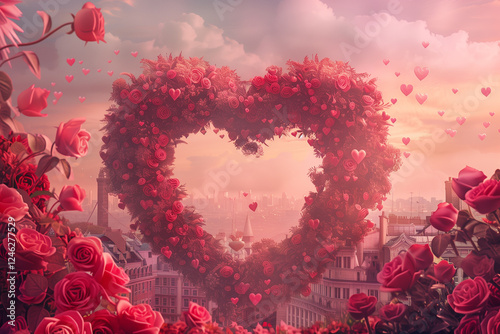 Giant heart made of flower roses on rooftop garden with town city overview, romantic setting for date night at Valentine's Day or engagement proposal