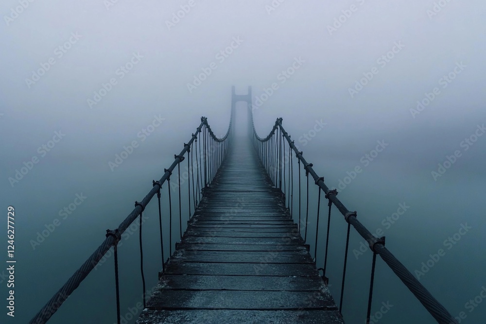 Misty wooden bridge leads to a lonely tree on a rocky island during early morning fog Misty wooden bridge leads to a lonely tree on a rocky island during early morning fog