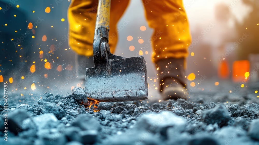 Close-up of worker using pickaxe on hot asphalt. Close-up of worker using pickaxe on hot asphalt.