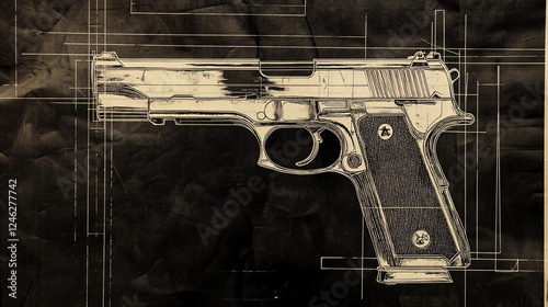 A detailed handgun blueprint drawing on a dark textured background featuring precise mechanical lines and an industrial technical design

