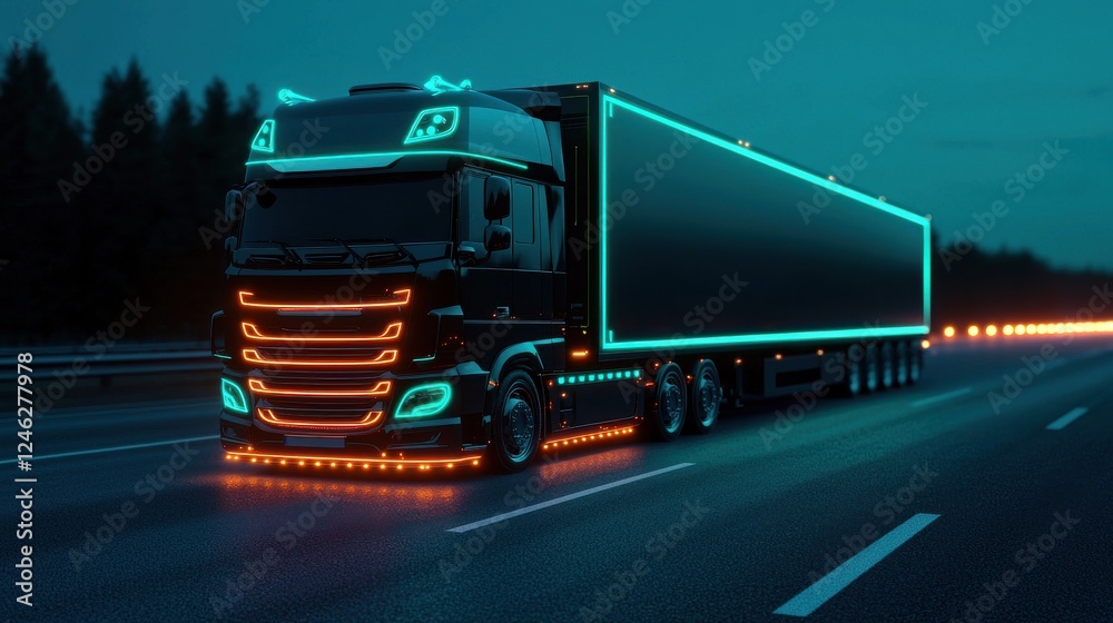 A striking view of a truck illuminated with neon lights, cruising on a highway during twilight, showcasing modern transport and technology. A striking view of a truck illuminated with neon lights, cruising on a highway during twilight, showcasing modern transport and technology.