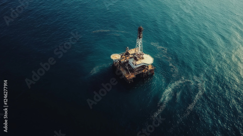 High-Angle View of an Offshore Oil Rig in Deep Ocean Waters