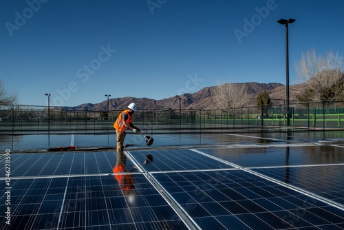 Worker cleaning solar panels, desert park photo