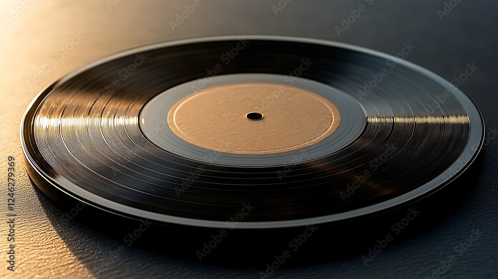 Close-up of a spinning vinyl record on a smooth surface with warm lighting, evoking nostalgia Close-up of a spinning vinyl record on a smooth surface with warm lighting, evoking nostalgia