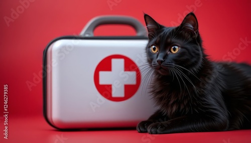 Black cat sitting next to a red first aid kit