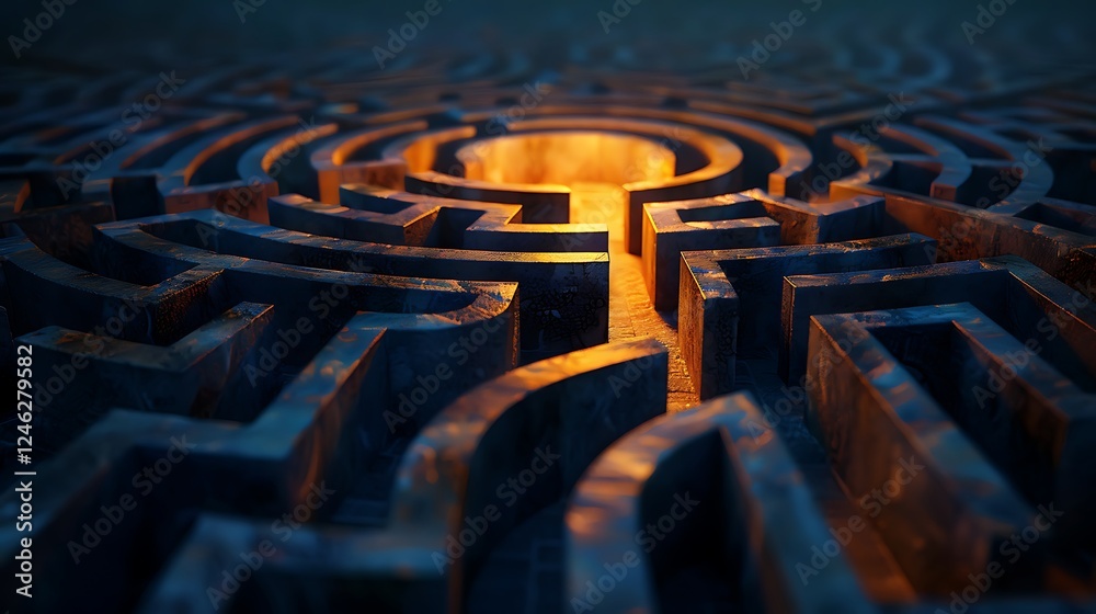 Circular maze with textured walls from above. Warm light at the center suggests a goal or solution. Conceptual image of challenges and pathways.
Circular maze with textured walls from above. Warm light at the center suggests a goal or solution. Conceptual image of challenges and pathways.