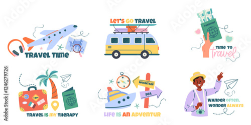 Travel set of label, badge design with lettering