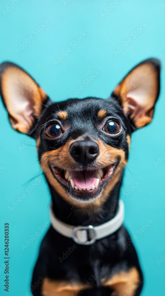 Joyful black and tan pup with perky ears against blue backdrop Joyful black and tan pup with perky ears against blue backdrop