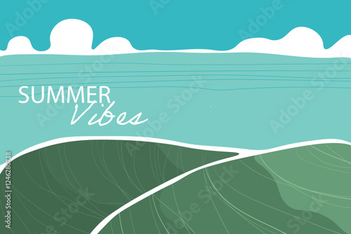 Abstract summer landscape backgrounds with mountains, cloud sky and sea water design. Nature backgrounds for social media. Minimal style vacation backdrop, summer seaside beach