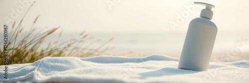 Sonnenlotion am Strand mit Sonne und Meer, Himmel für den Urlaub im Sommer photo