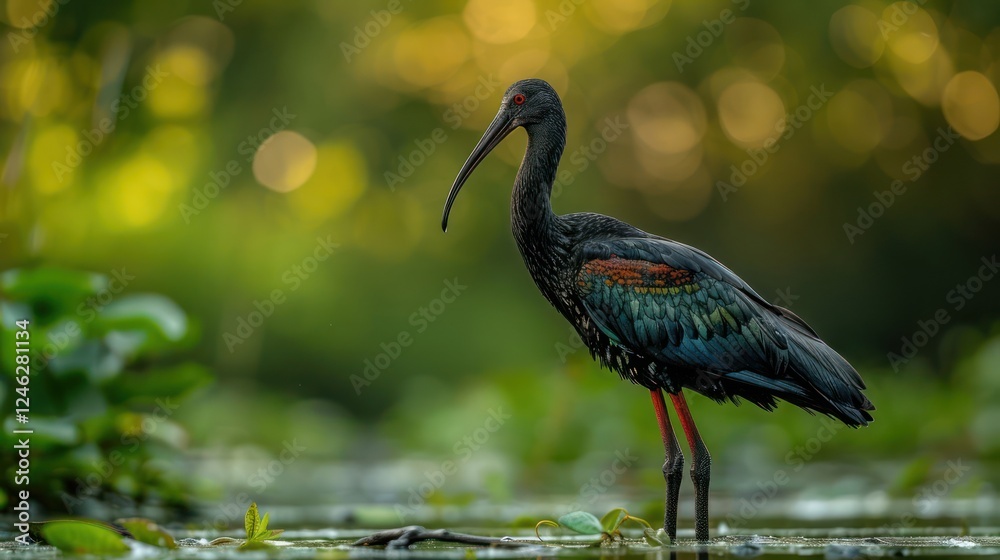 Naklejka premium A striking black ibis stands gracefully in a serene wetland, surrounded by lush greenery and soft bokeh