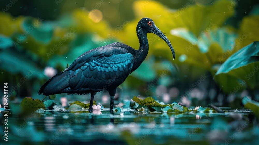 Naklejka premium A striking black ibis stands amidst lush green lily pads in a serene wetland, with soft rain