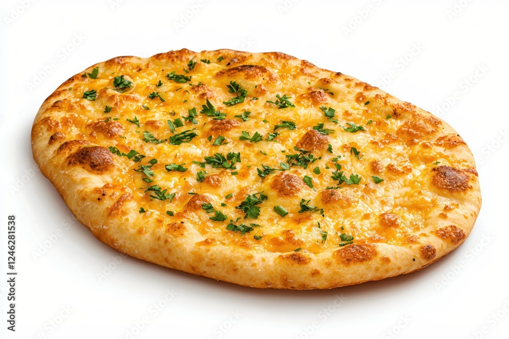 Delicious cheesy flatbread with fresh parsley on a white background for food photography