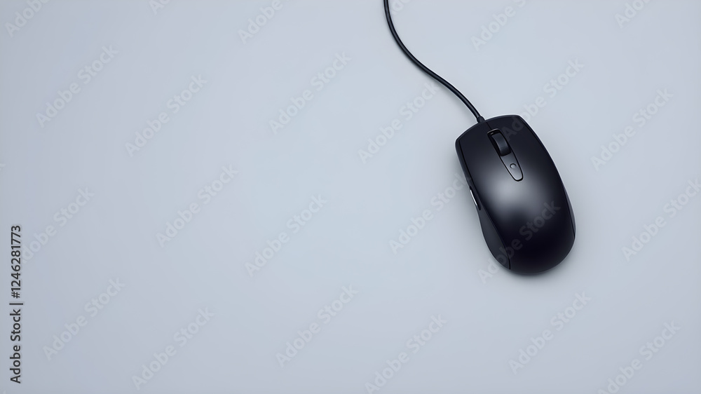 One pc mouse on grey background, top view. Space for text. Generative AI One pc mouse on grey background, top view. Space for text. Generative AI
