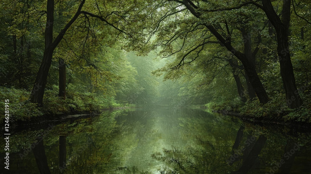 Fototapeta premium Misty forest river reflection, tranquil scene, nature background, ideal for relaxation