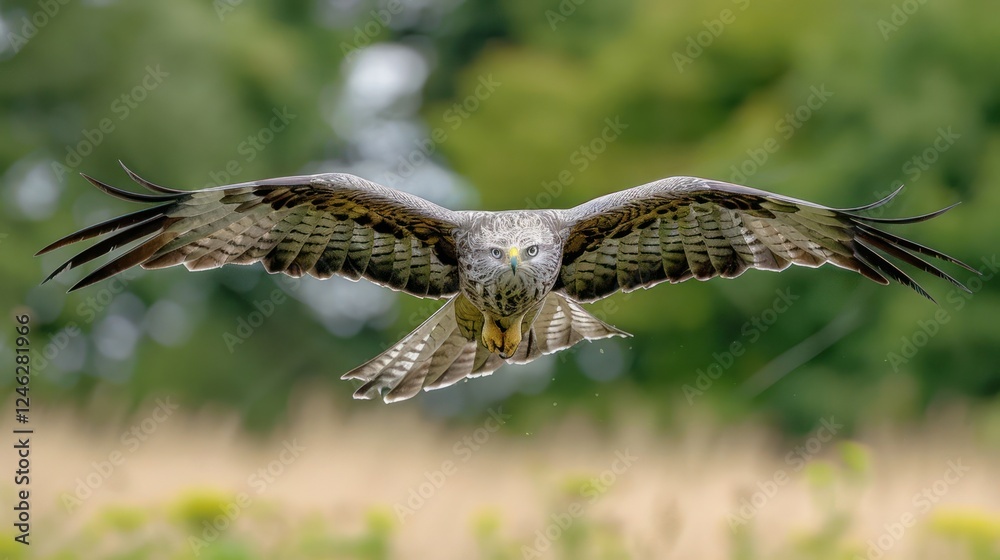 Fototapeta premium Majestic hawk soaring through lush green landscape, showcasing its powerful wings in flight