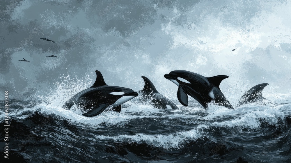 Fototapeta premium Orcas leap, surging waves, stormy ocean.