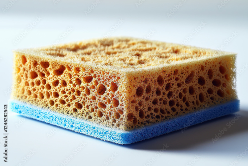 Heavy-duty cleaning sponge with coarse texture and blue foam backing isolated on white background Heavy-duty cleaning sponge with coarse texture and blue foam backing isolated on white background