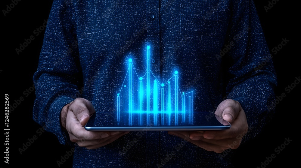 Sleek corporate visualization featuring a professional holding a digital tablet with dynamic bar charts glowing and trends rising sharply showcasing data driven insights and business growth