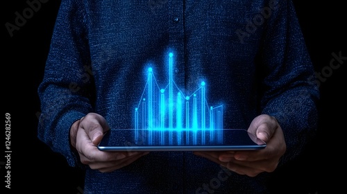 Sleek corporate visualization featuring a professional holding a digital tablet with dynamic bar charts glowing and trends rising sharply showcasing data driven insights and business growth