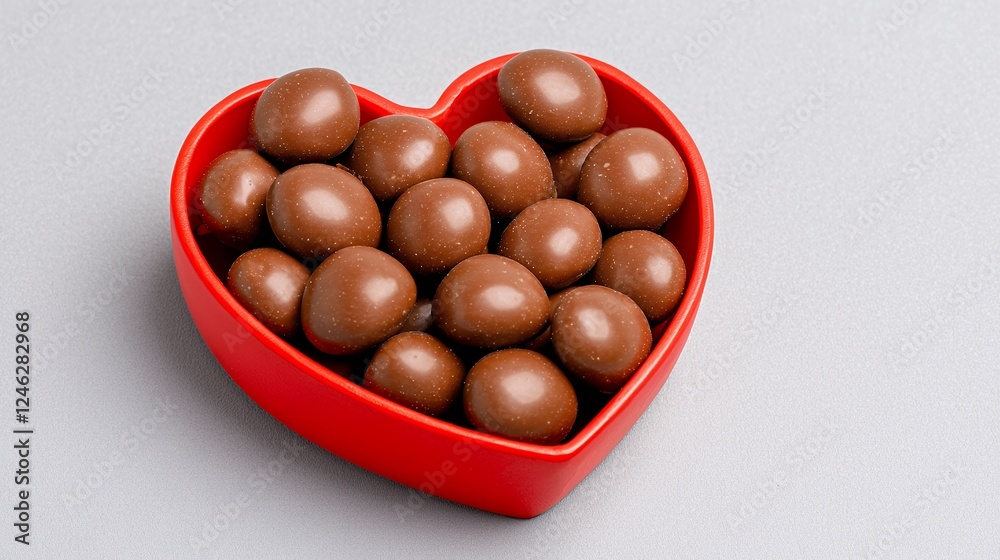 Red Heart Bowl of Chocolate Candies on Gray Background Red Heart Bowl of Chocolate Candies on Gray Background