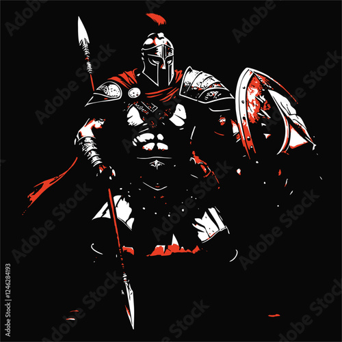 Spartan Fighting Red White Black Background splash style background warrior mask weapons spear art helmet Splash action Artwork vector editable logo Wall Sticker decore t-shirt mug poster design multi