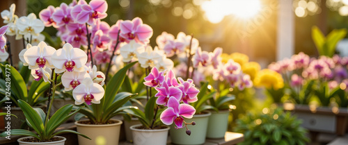 Exotic orchids basking in golden sunlight at indoor showcase, Garden expos