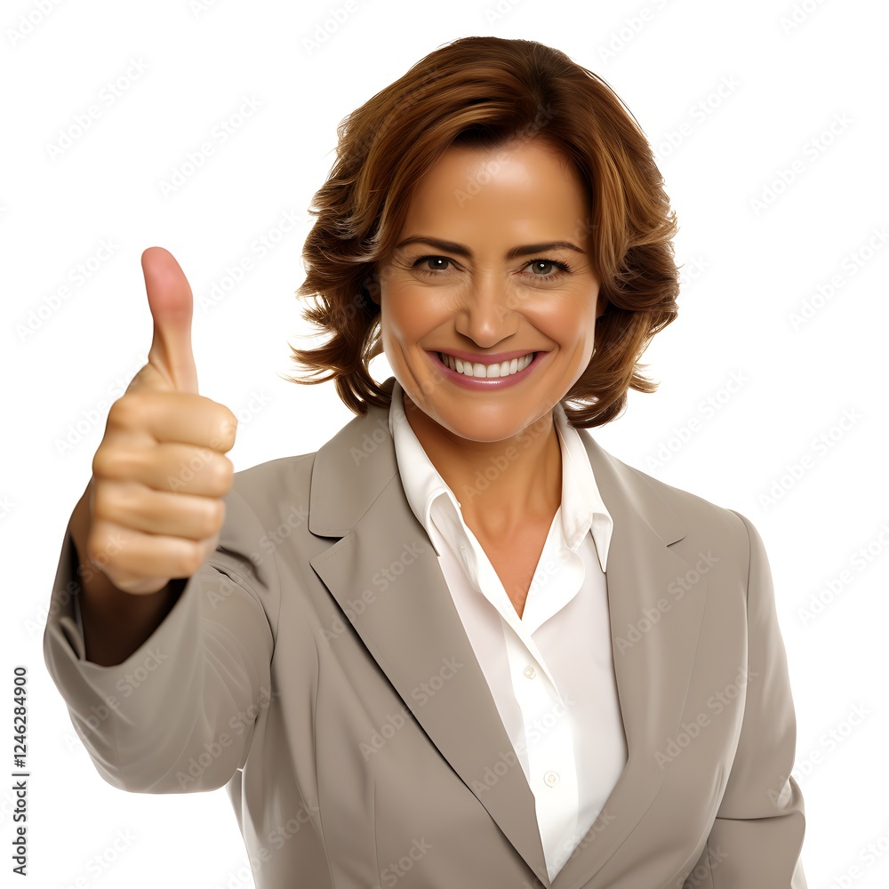 Confident Businesswoman Giving Thumbs Up: A smiling middle-aged businesswoman gives a thumbs up, conveying success, approval, and positivity. Confident Businesswoman Giving Thumbs Up: A smiling middle-aged businesswoman gives a thumbs up, conveying success, approval, and positivity.