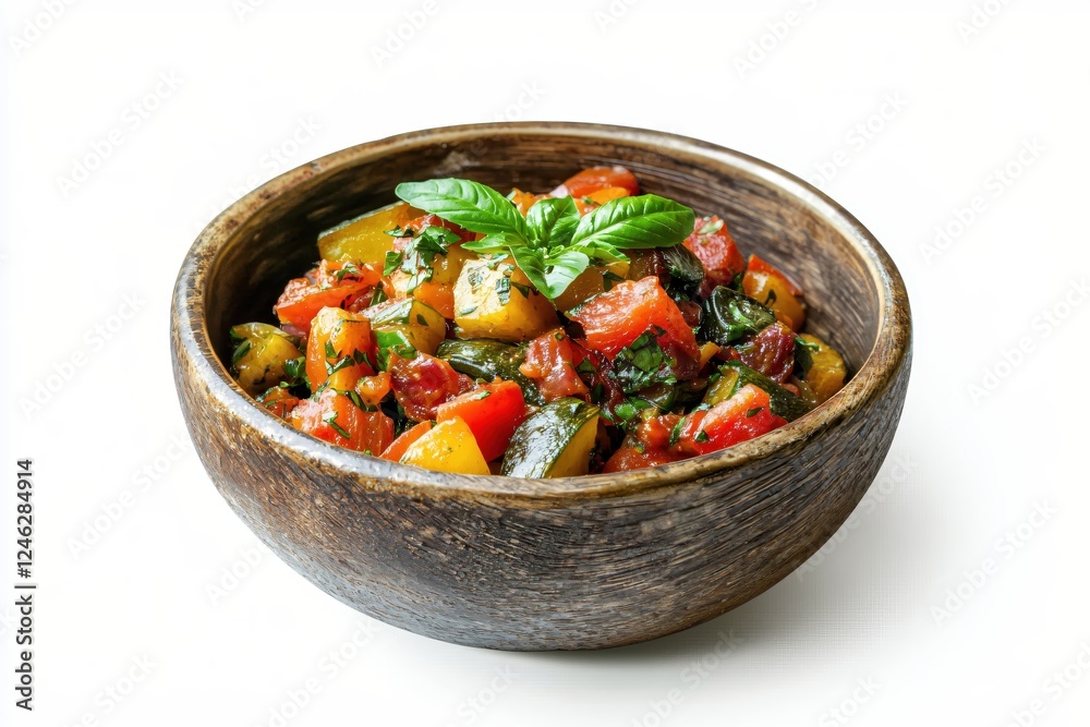 Rustic Bowl Filled with Ratatouille Featuring Zucchini Tomato and Basil on White Background Rustic Bowl Filled with Ratatouille Featuring Zucchini Tomato and Basil on White Background