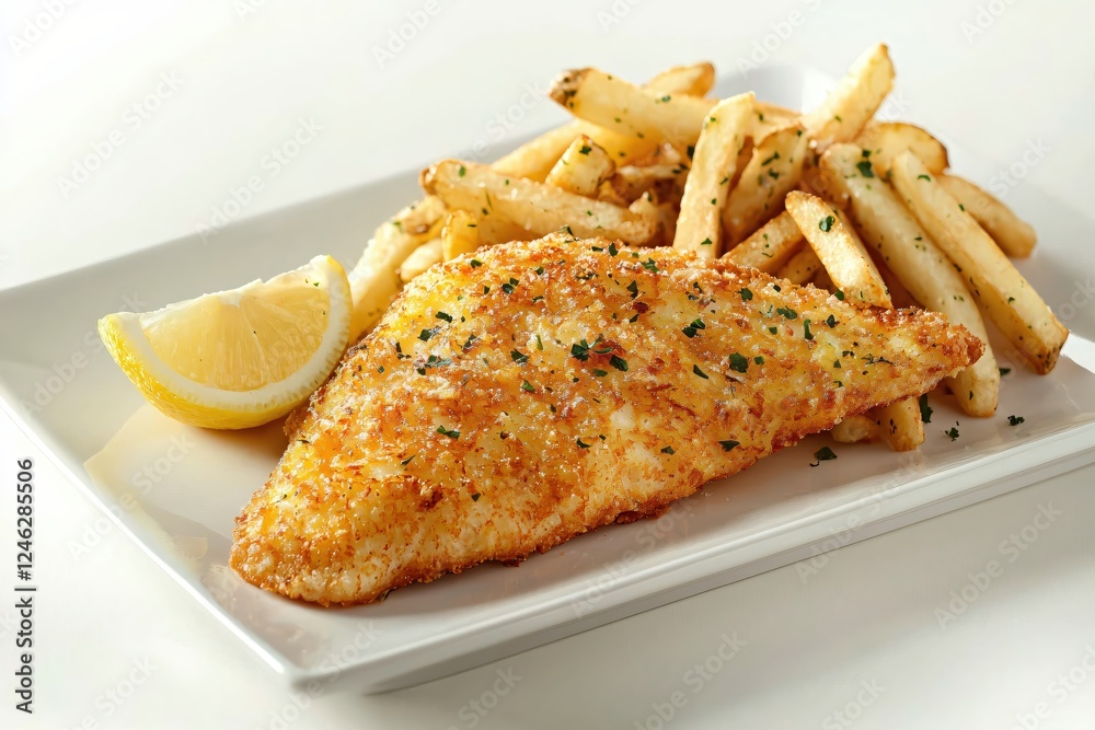 Delicious crispy fish fillet served with golden fries and a fresh lemon wedge on white plate Delicious crispy fish fillet served with golden fries and a fresh lemon wedge on white plate