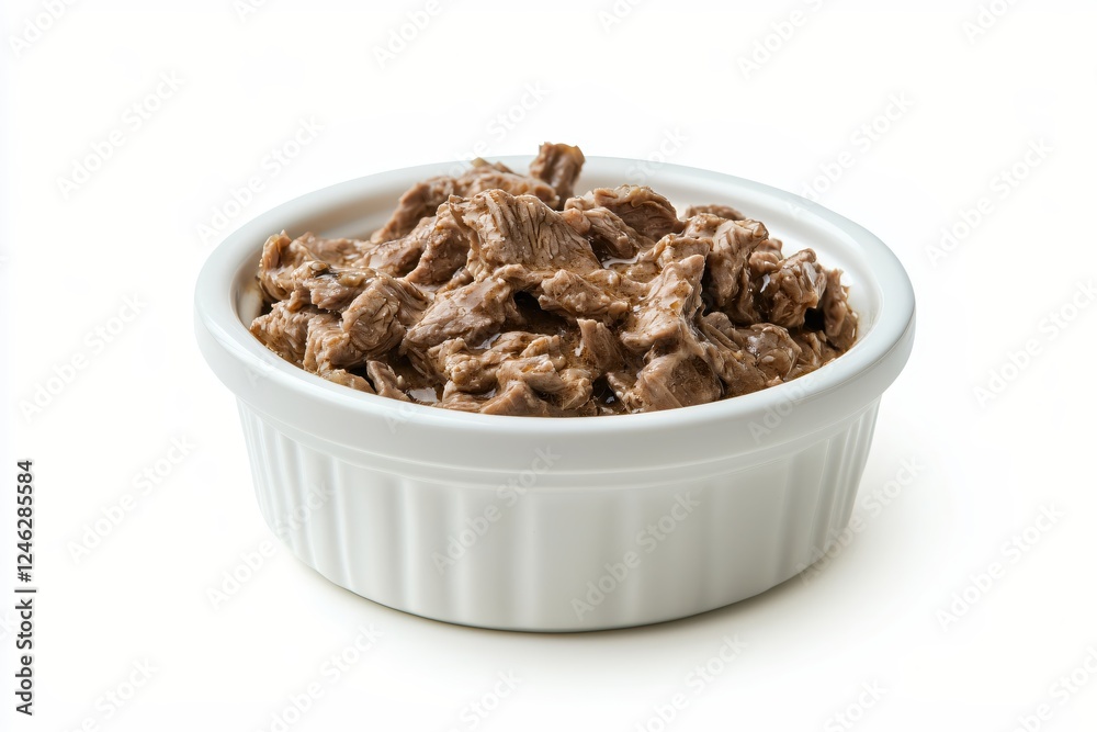 Tender beef tips in savory sauce served in a white ramekin on a clean white background Tender beef tips in savory sauce served in a white ramekin on a clean white background