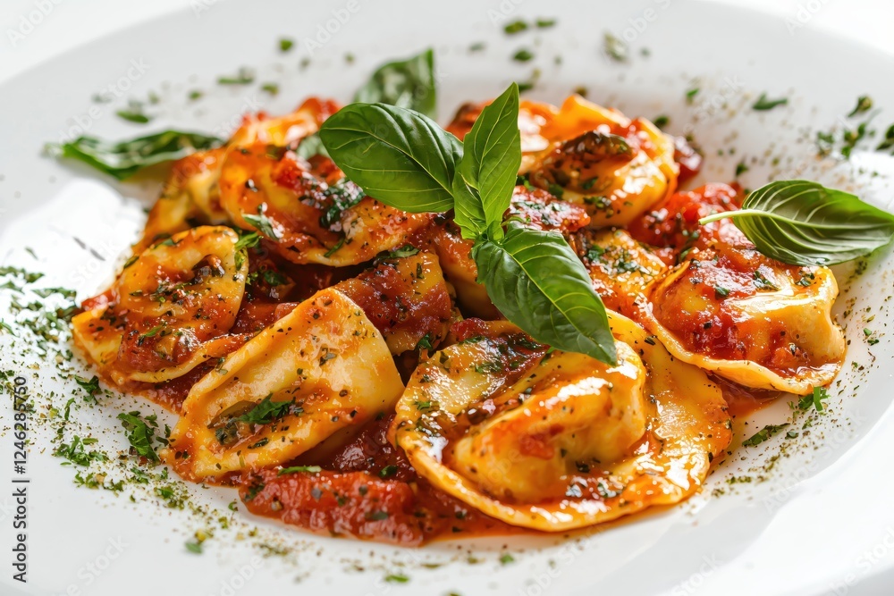 Delicious Homemade Ravioli with Tomato Sauce and Fresh Basil on a White Plate Delightful Meal Delicious Homemade Ravioli with Tomato Sauce and Fresh Basil on a White Plate Delightful Meal