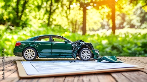 Obraz na płótnie Toy car with crash damage placed on a clipboard with insurance claim forms symbolizing the procedure for vehicle insurance claims after an accident w salonie