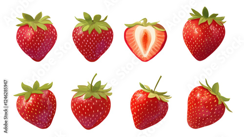 A set of fresh, red strawberries, a sweet and juicy summer fruit, is isolated on a white background