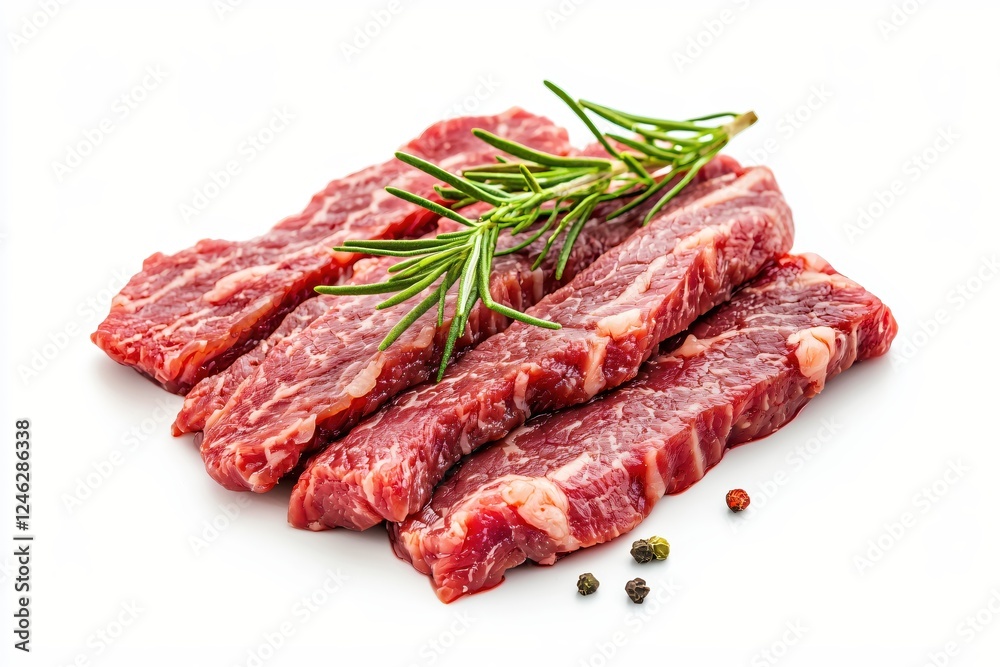 Fresh raw beef meat slices with rosemary and peppercorns on white background gourmet food Fresh raw beef meat slices with rosemary and peppercorns on white background gourmet food