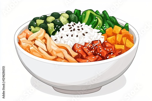 Vibrant poke bowl illustration featuring fresh ingredients and a clean white background style