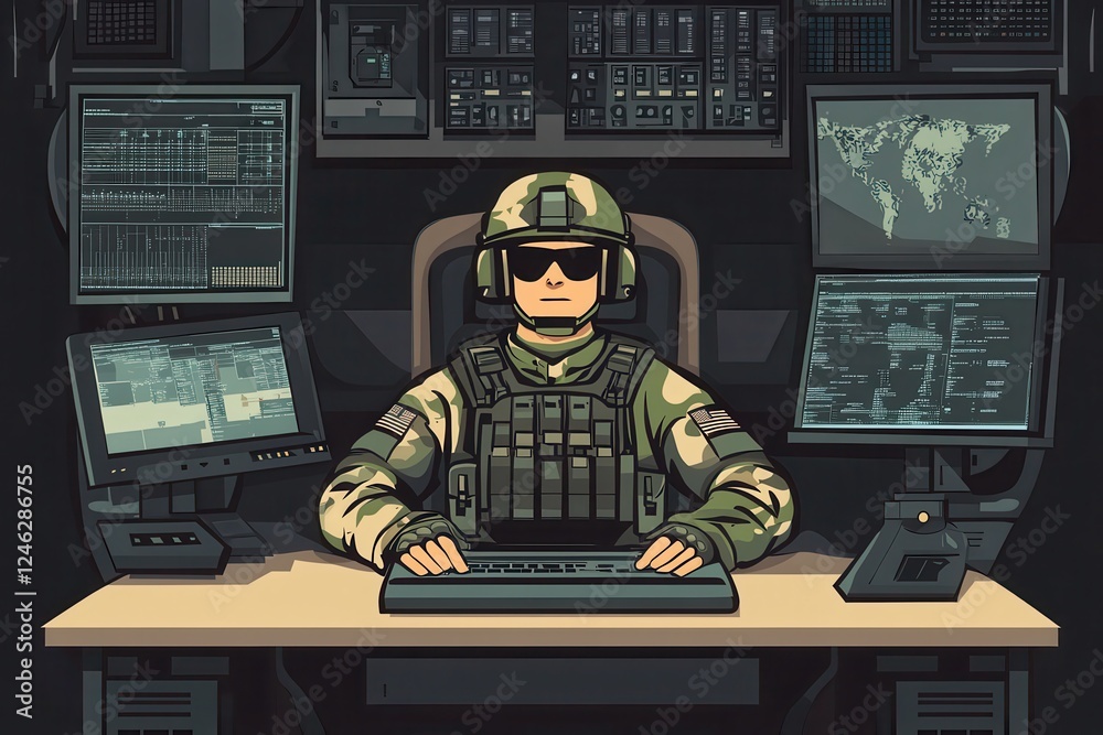 Soldier at Command Center with Multiple Monitors in Tactical Gear Soldier at Command Center with Multiple Monitors in Tactical Gear