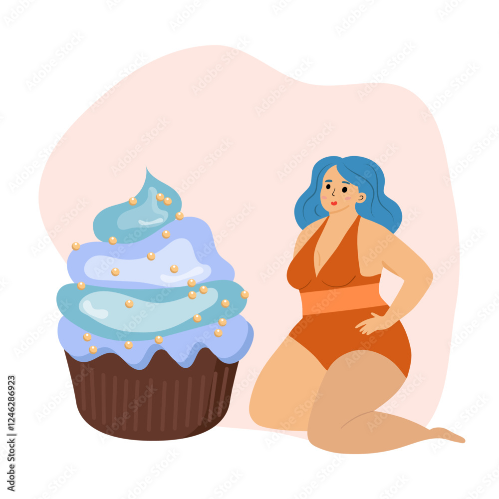 Fototapeta premium Beautiful woman bikini posing near big cake. Body positive and love your body