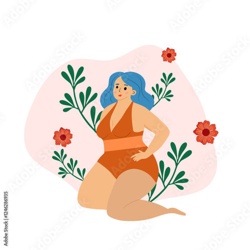 Beautiful woman bikini posing with flowers behinds. Body positive and love your body