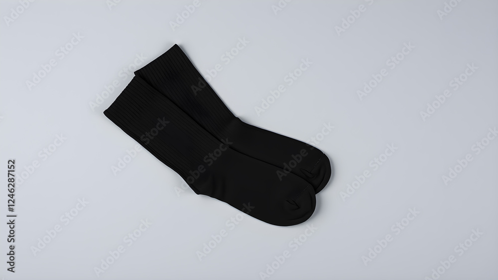 Pair of black cotton socks on grey background, top view. Space for text. Generative AI Pair of black cotton socks on grey background, top view. Space for text. Generative AI
