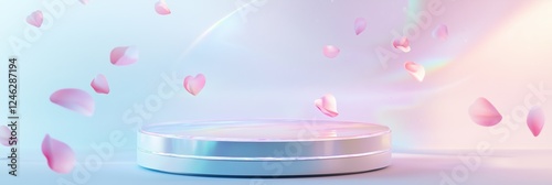 Dreamy pastel podium surrounded by floating petals during a soft light event