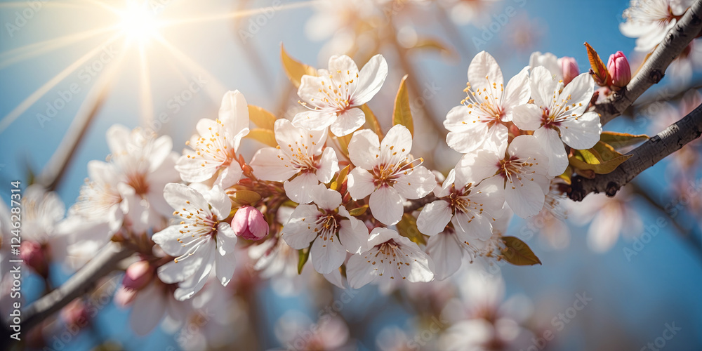 White cherry blossoms on a branch are kissed by sunlight, marking the beginning of spring. White cherry blossoms on a branch are kissed by sunlight, marking the beginning of spring.
