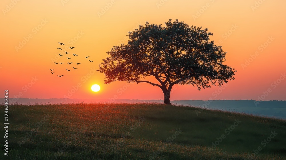 peaceful horizon a peaceful sunrise over a hill with a lone tree and birds in flight peaceful horizon a peaceful sunrise over a hill with a lone tree and birds in flight