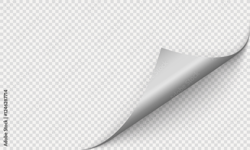 Realistic curls of the corners of a paper page on a transparent background with shadow, curled corners of a sheet of paper. The white edges of the vector stickers are curved. Corners of paper skroll