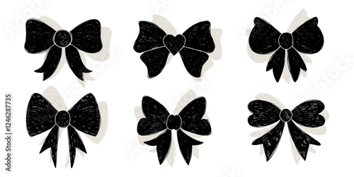Silhouette of Hand Drawn Crayon Ribbons with Pencil Texture. Simple bowknots and modern bowtie designs. Ideal for holidays and festive decorations. 