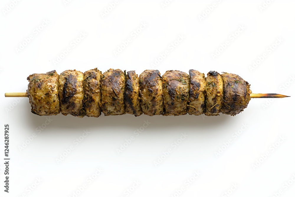Delicious grilled meat skewer with herbs on a white background perfect for food blogging