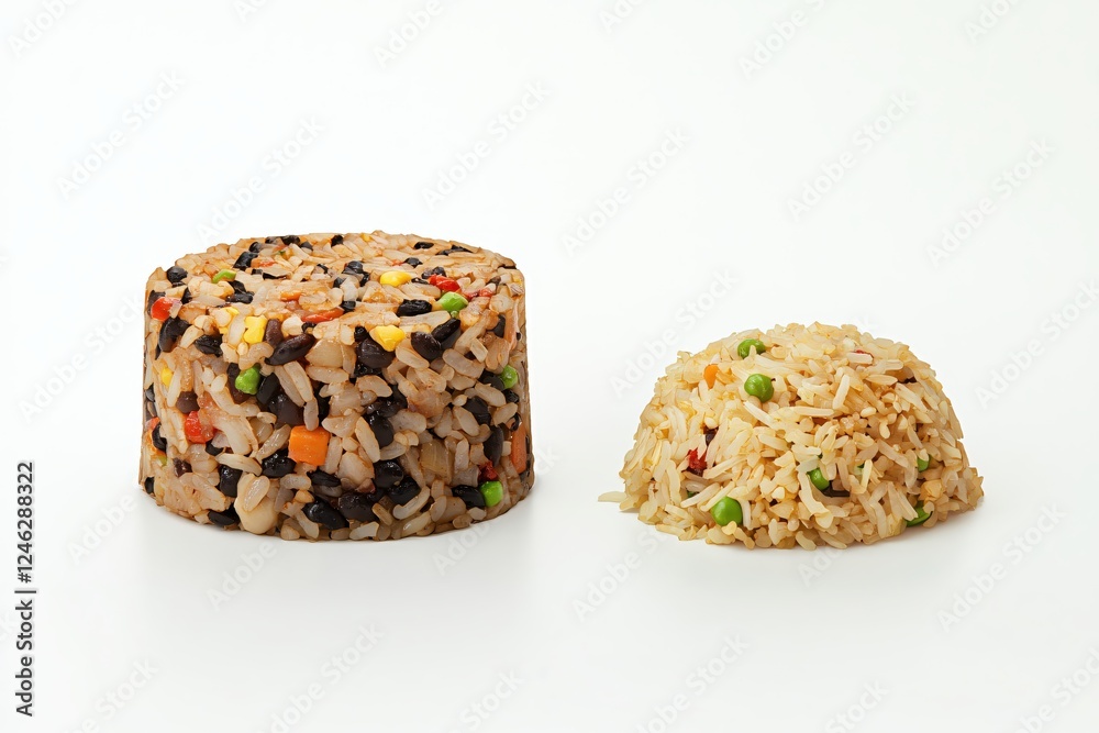 Two styles of delicious fried rice with vegetables on a white background ready to serve Two styles of delicious fried rice with vegetables on a white background ready to serve