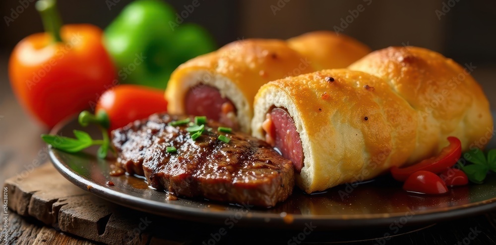 Crispy roll, flavorful steak, vibrant peppers , vegetable, isolated, iconic Crispy roll, flavorful steak, vibrant peppers , vegetable, isolated, iconic