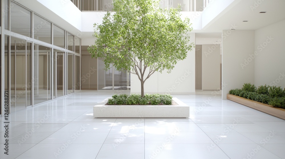 Obraz premium Modern building atrium, tree, sunlight, plants, tranquil interior design