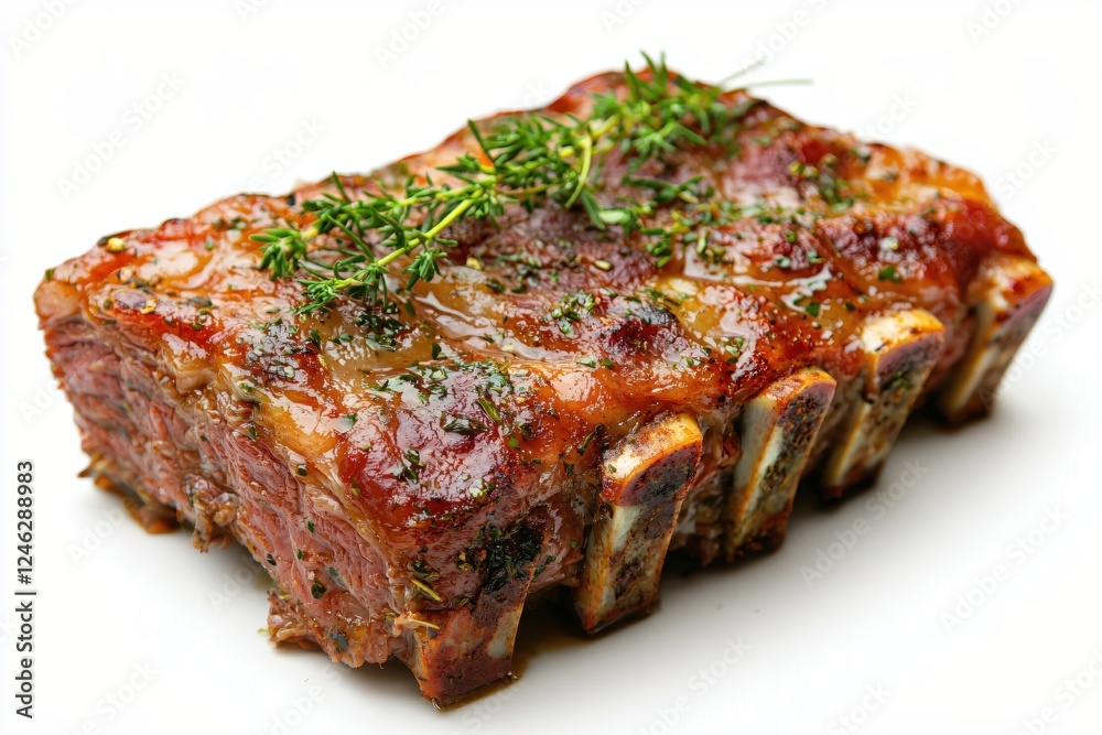 Delicious Roasted Rack of Lamb with Thyme Sprigs on White Background Culinary Presentation Delicious Roasted Rack of Lamb with Thyme Sprigs on White Background Culinary Presentation